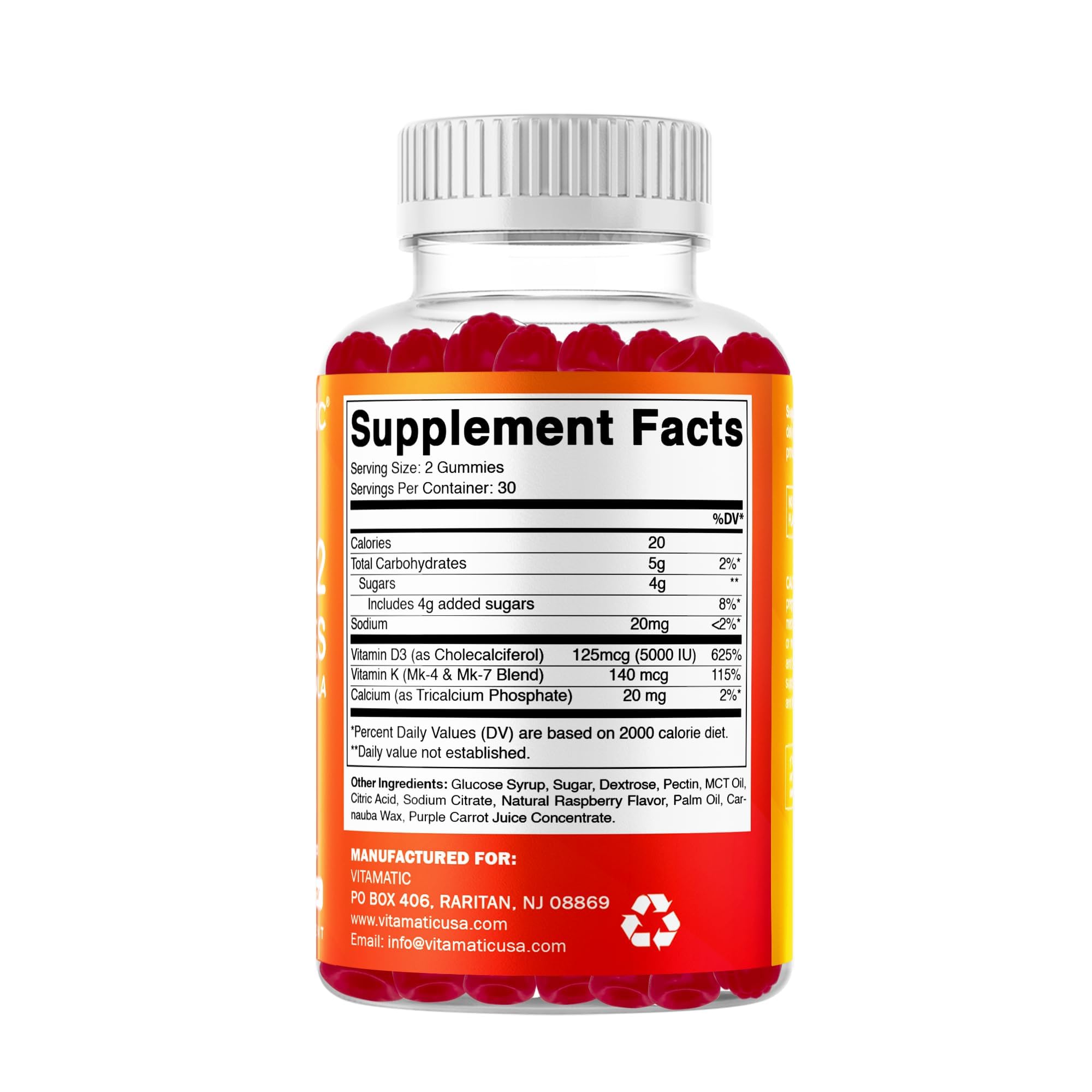Vitamatic Vitamin D3 + K2 Gummies gluten-free and non-GMO label close-up