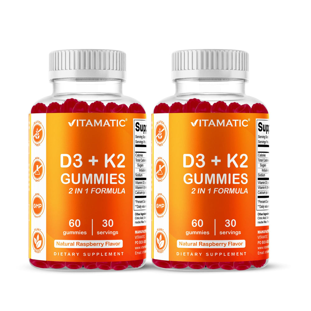 Vitamatic Vitamin D3 & K2 gummies raspberry bottle supports calcium absorption for bones