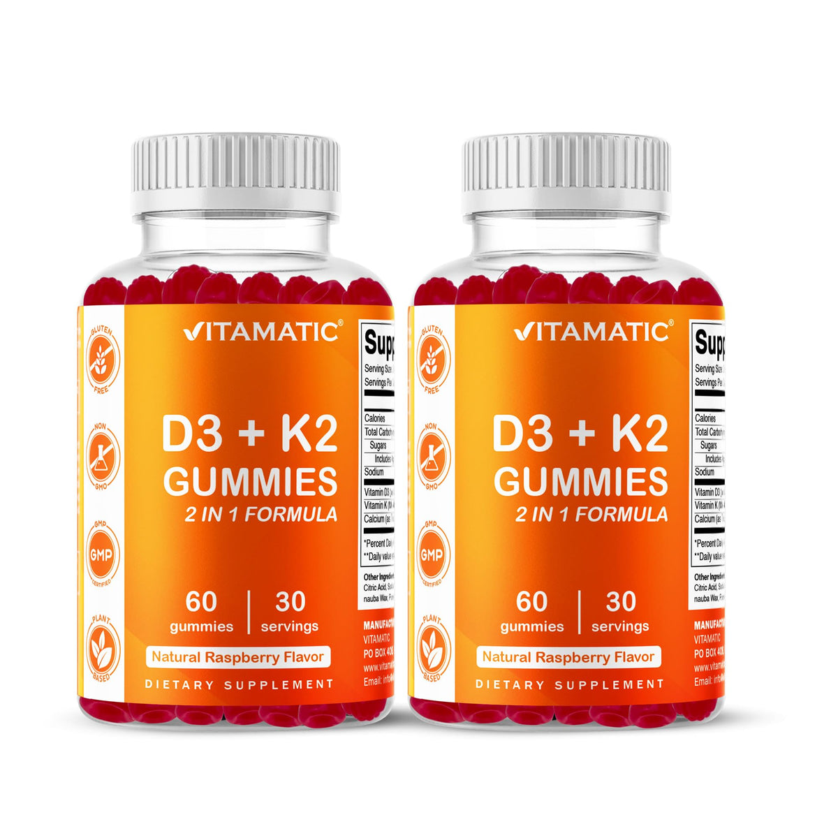 Vitamatic Vitamin D3 & K2 gummies raspberry bottle supports calcium absorption for bones