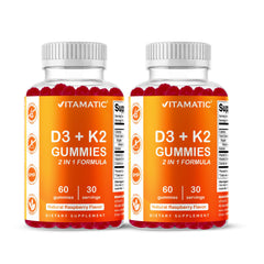 Vitamatic Vitamin D3 & K2 gummies raspberry bottle supports calcium absorption for bones