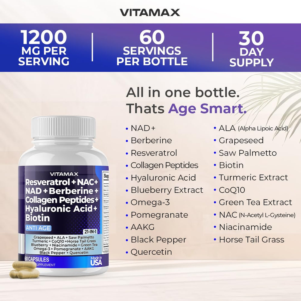 Vitamax Age Smart capsules close-up shows an easy two-capsule daily routine.