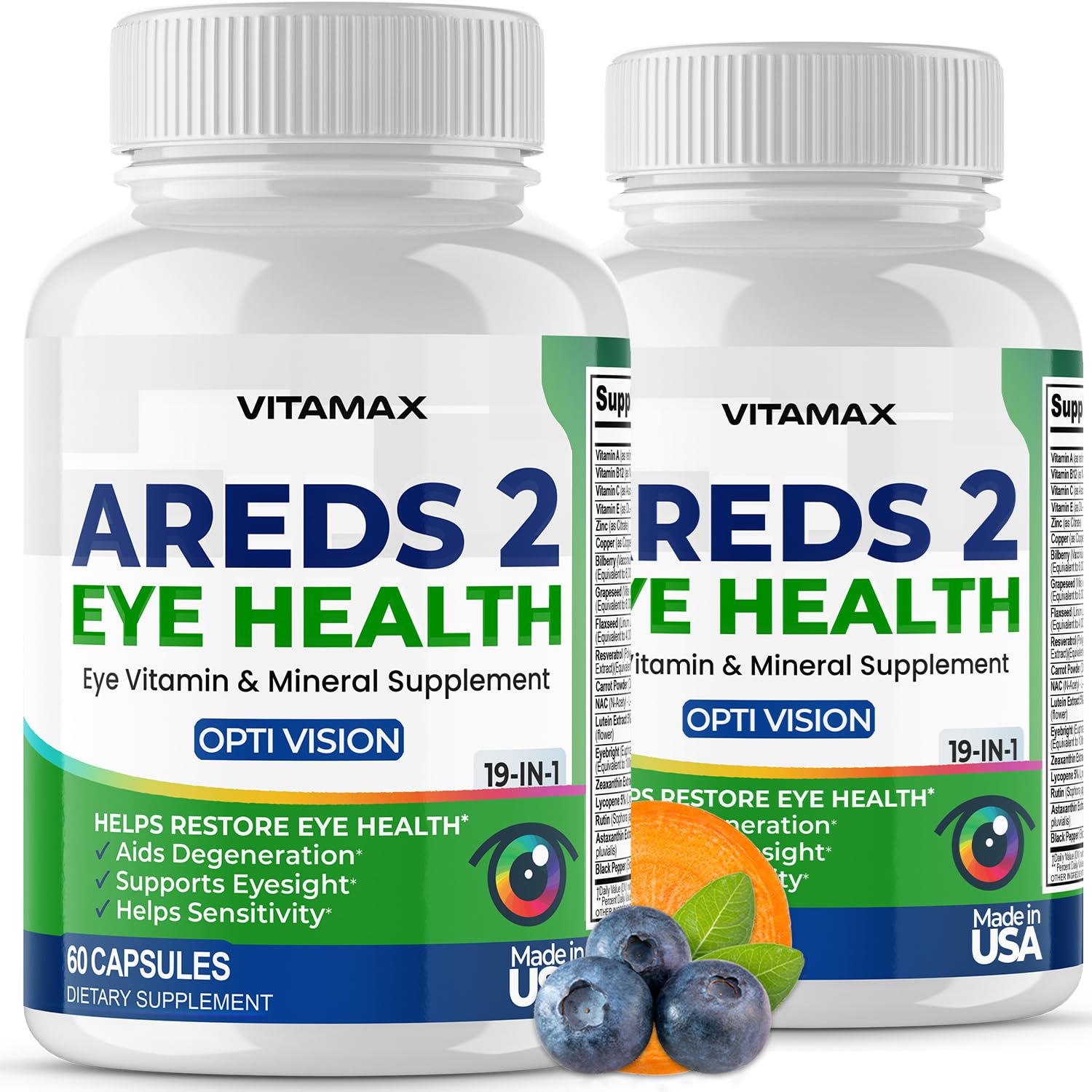 Vitamax AREDS2 eye vitamins bottle for daily eye health support.