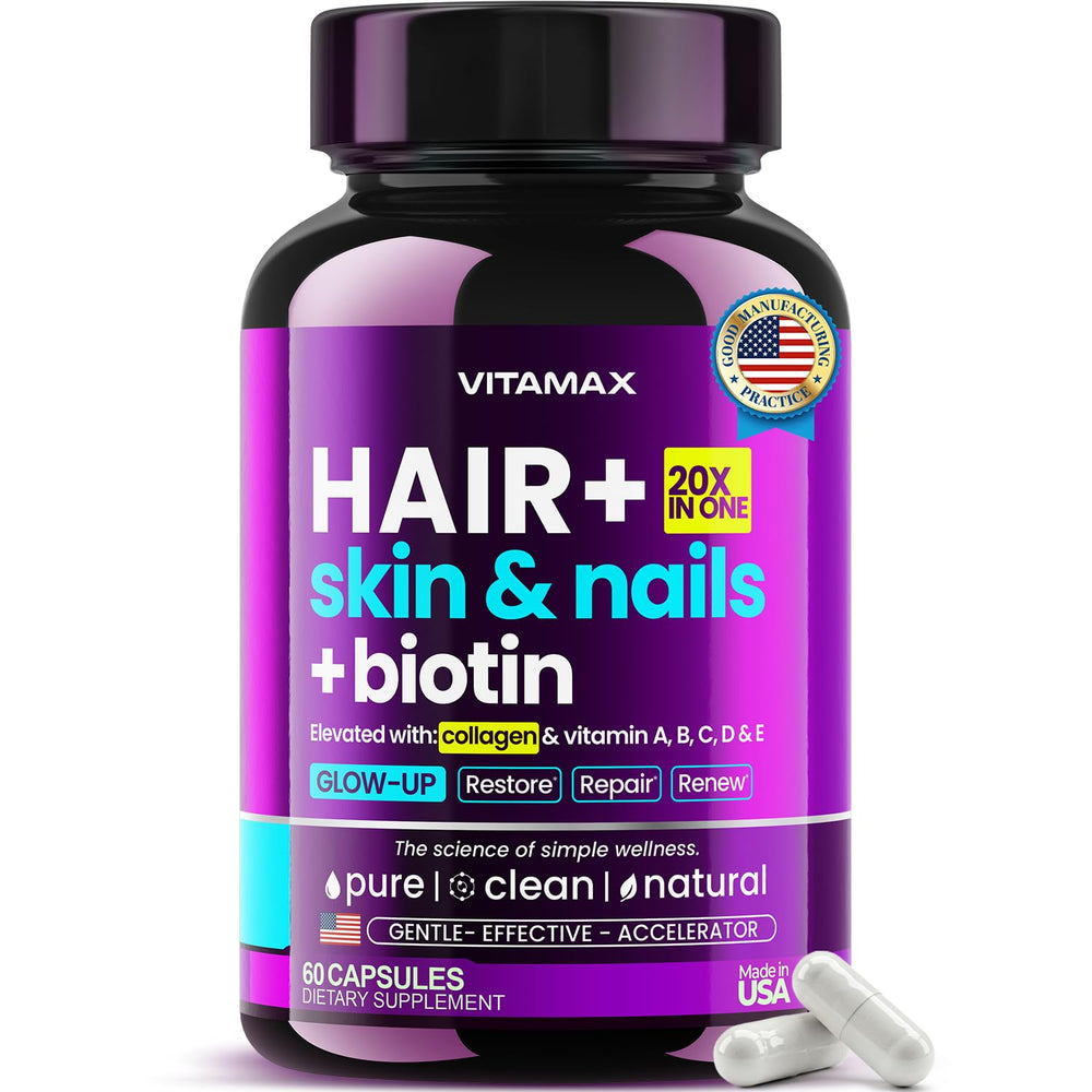 Vitamax biotin-collagen-keratin-hyaluronic-acid bottle supporting hair, skin, and nails.