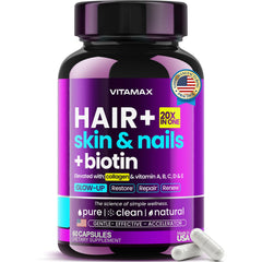 Vitamax biotin-collagen-keratin-hyaluronic-acid bottle supporting hair, skin, and nails.