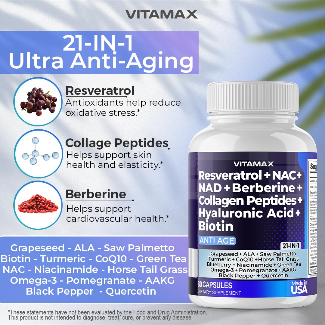 Vitamax Hyaluronic acid and biotin label spot highlights moisture benefits.