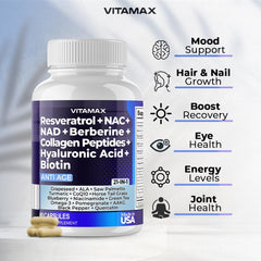 Vitamax hyaluronic acid ingredient scoop emphasizes skin and joint hydration.
