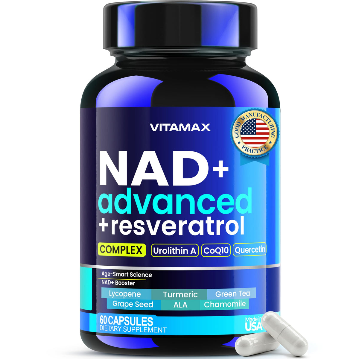 Vitamax Liposomal NAD+ supplement bottle pour, ideal for daily energy support.