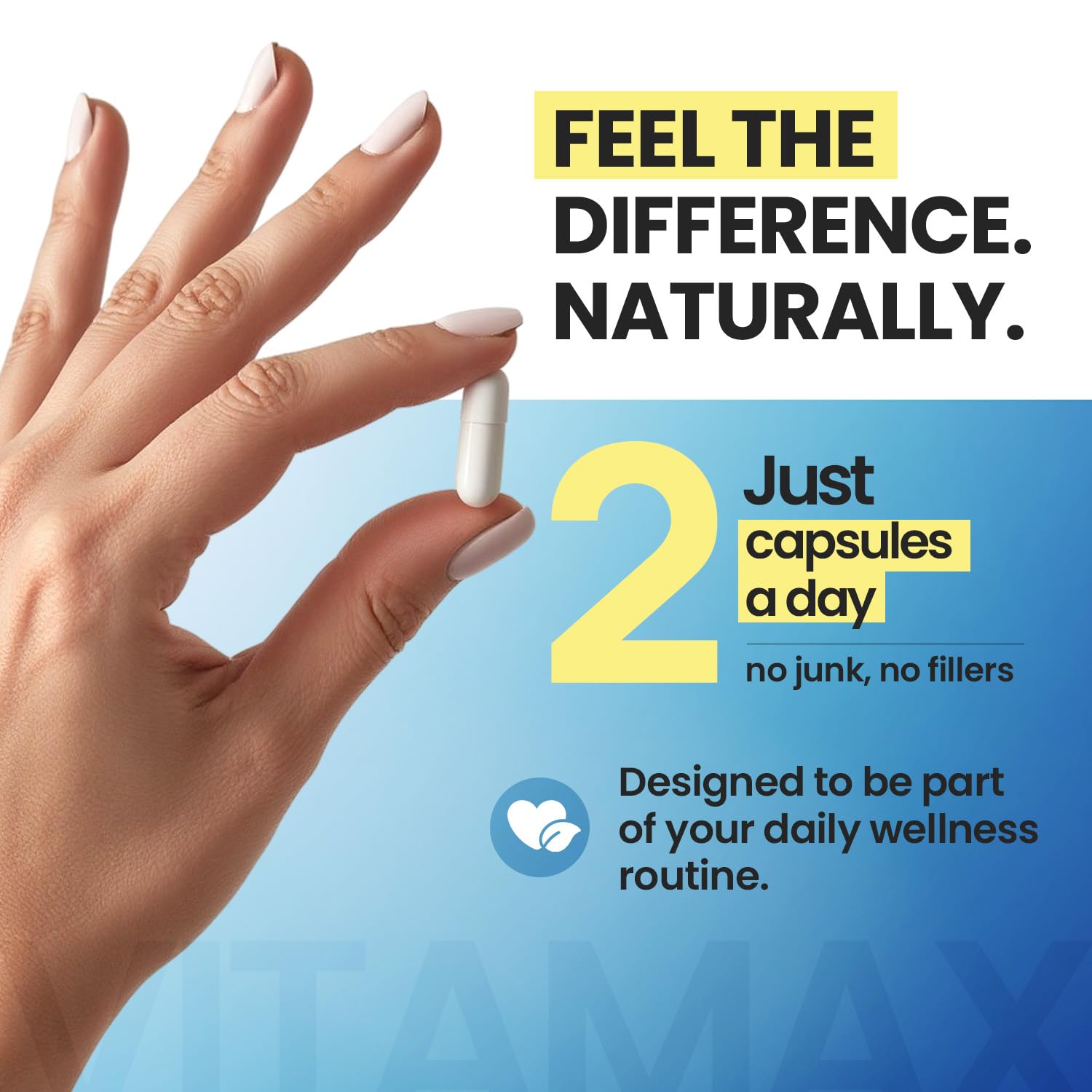 Vitamax Liposomal NAD+ capsules on desk beside glass for daily wellness.