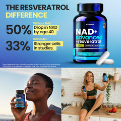 Vitamax Liposomal NAD+ supplement label detail highlighting Urolithin A and Resveratrol.