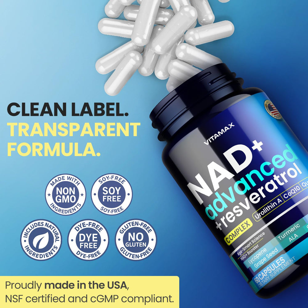 Vitamax Liposomal NAD+ supplement Made in USA seal.