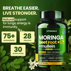 Vitamax Mullein Leaf capsules closeup – traditional herb for respiratory comfort.