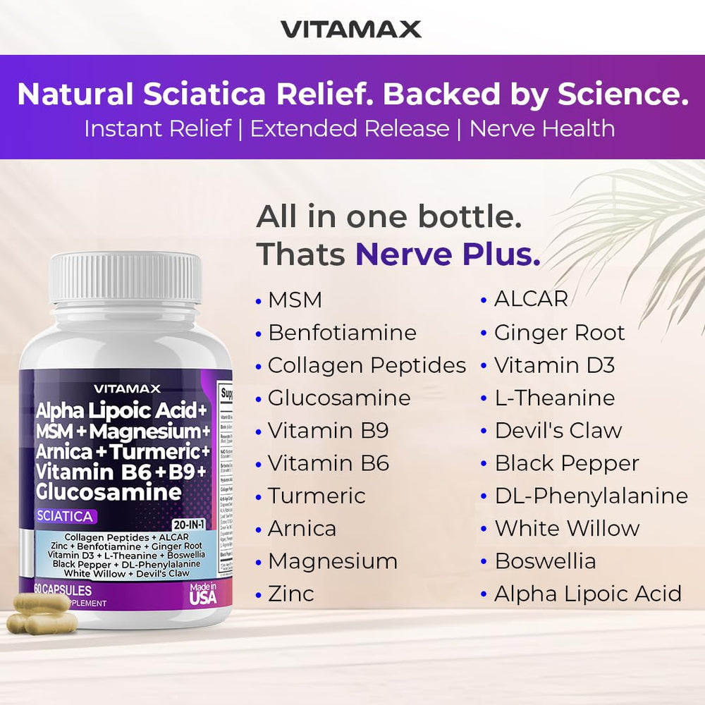 Vitamax Nerve Plus capsules close-up highlighting the blend for nerve health