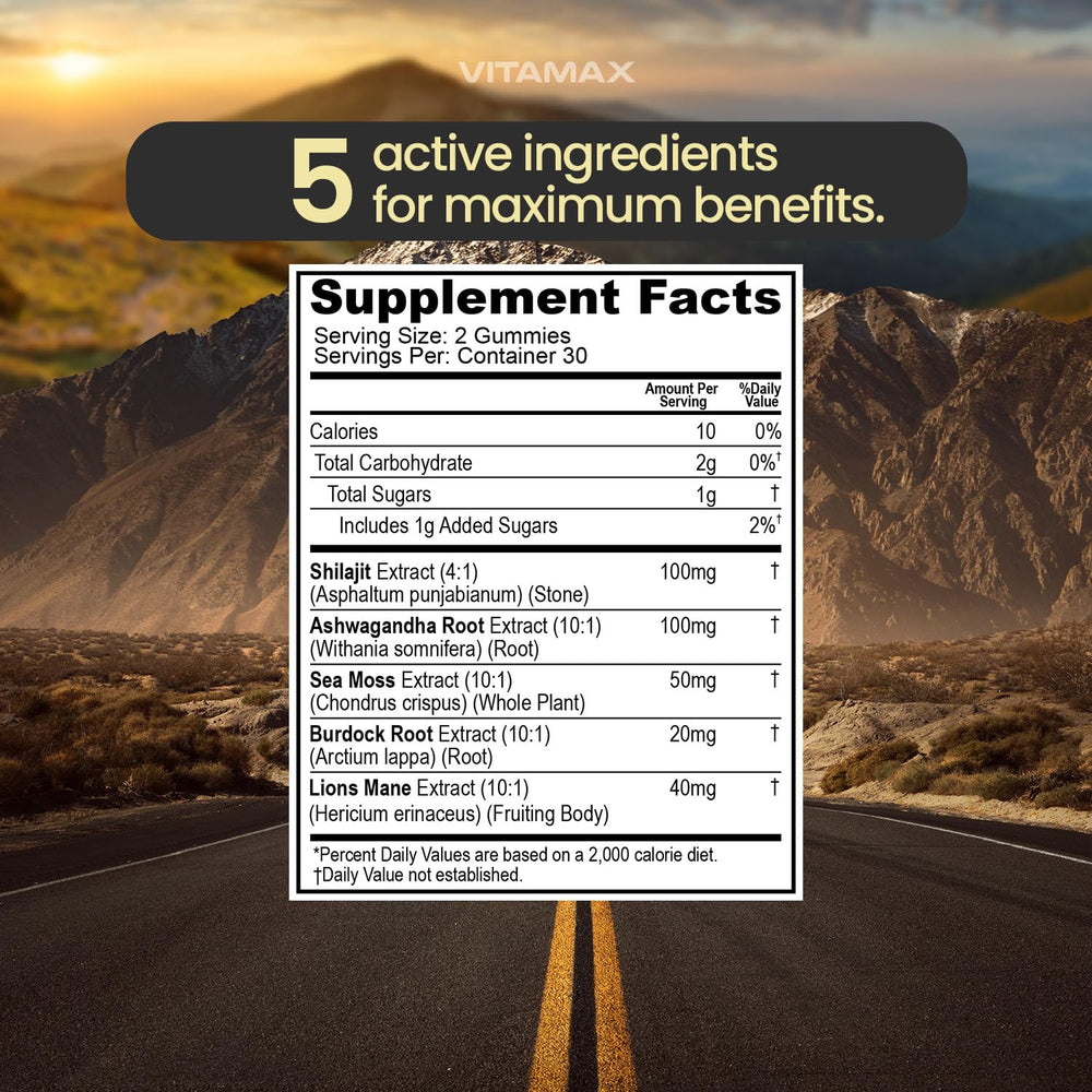 Vitamax Shilajit Gummies serving suggestion shows daily use for energy and focus