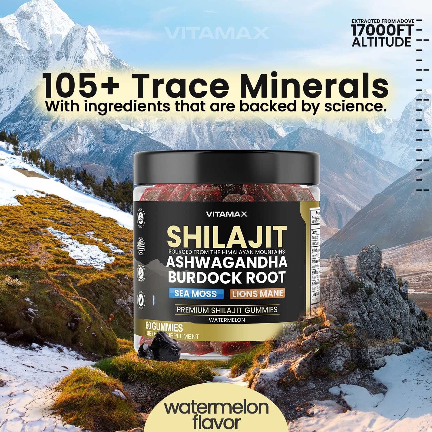 Vitamax Shilajit Gummies texture closeup reveals chewy, fruit-flavored wellness boost