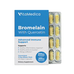 VitaMedica Bromelain & Quercetin bottle front highlighting branding and potential immune support.