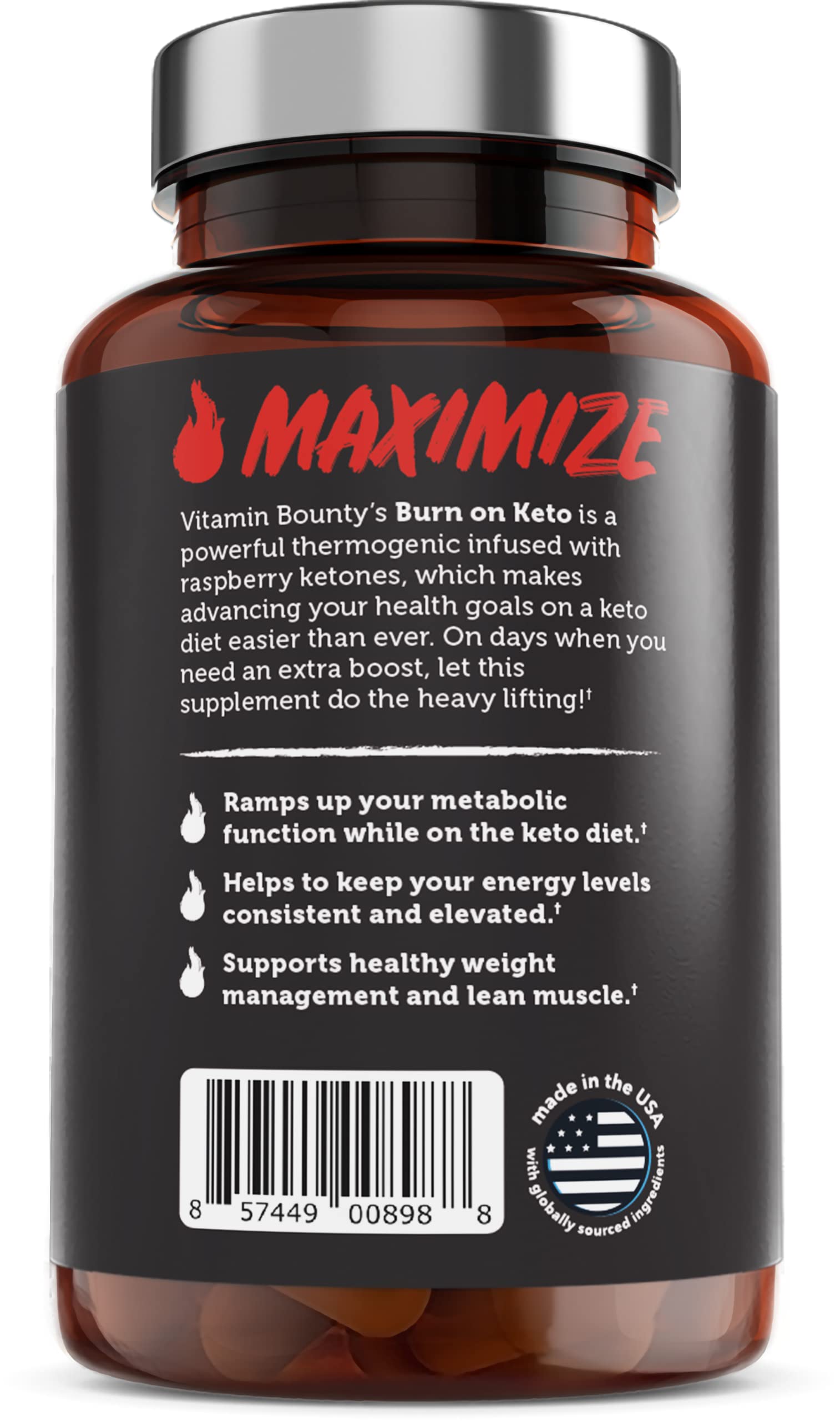Vitamin Bounty Burn On bottle with capsules hints daily routine