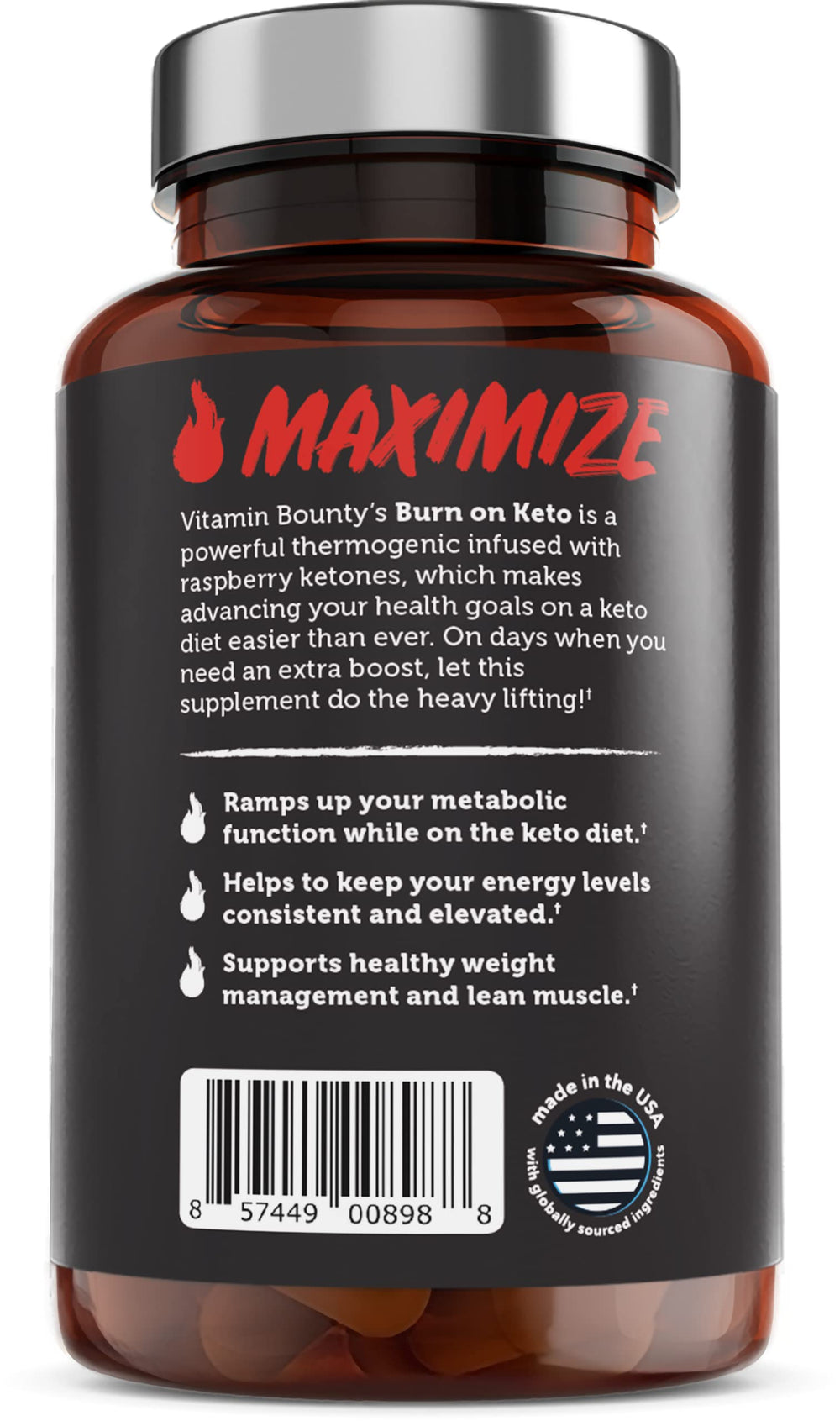Vitamin Bounty Burn On bottle with capsules hints daily routine