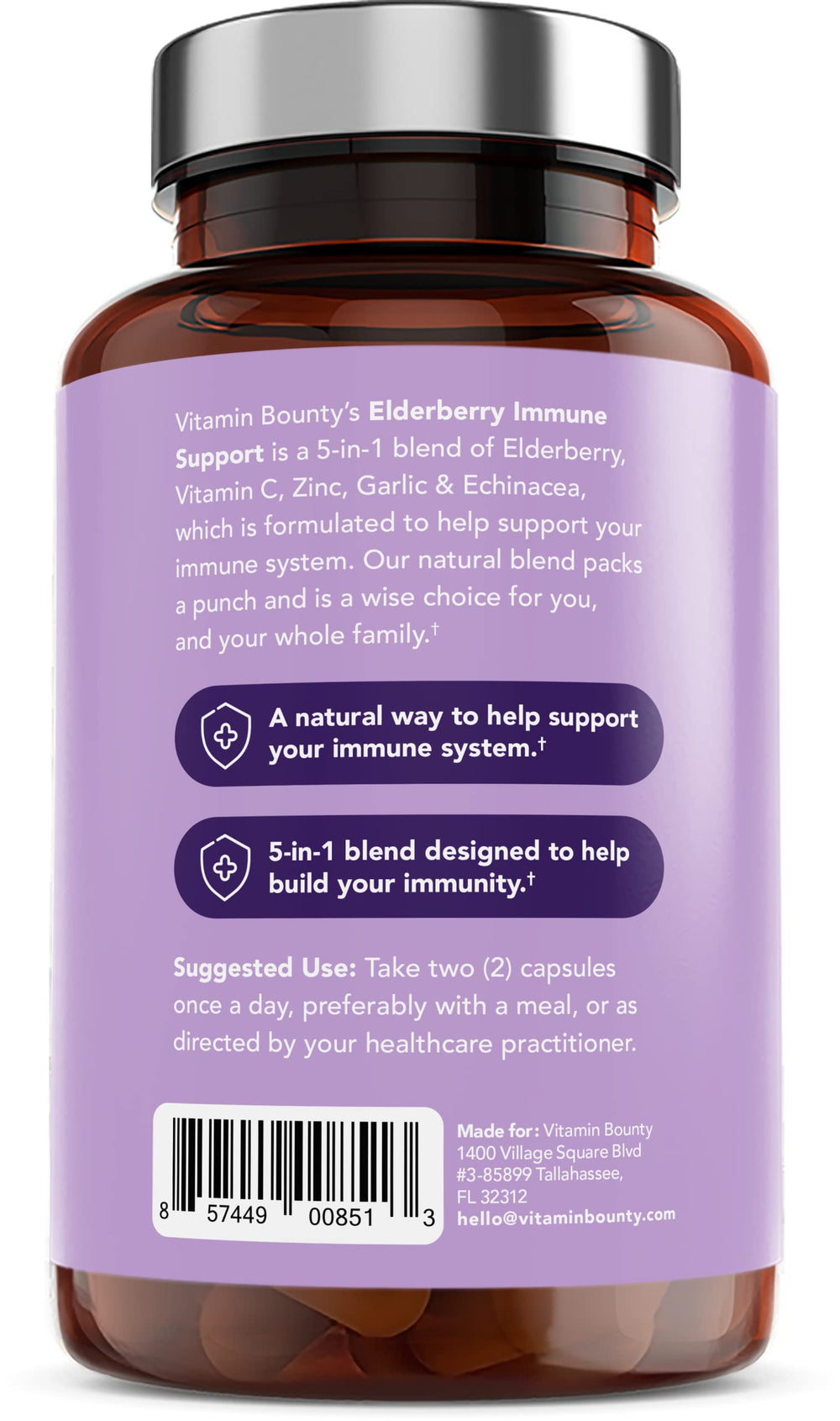 Vitamin Bounty Elderberry Immune Support capsules close-up showing the 5-in-1 blend