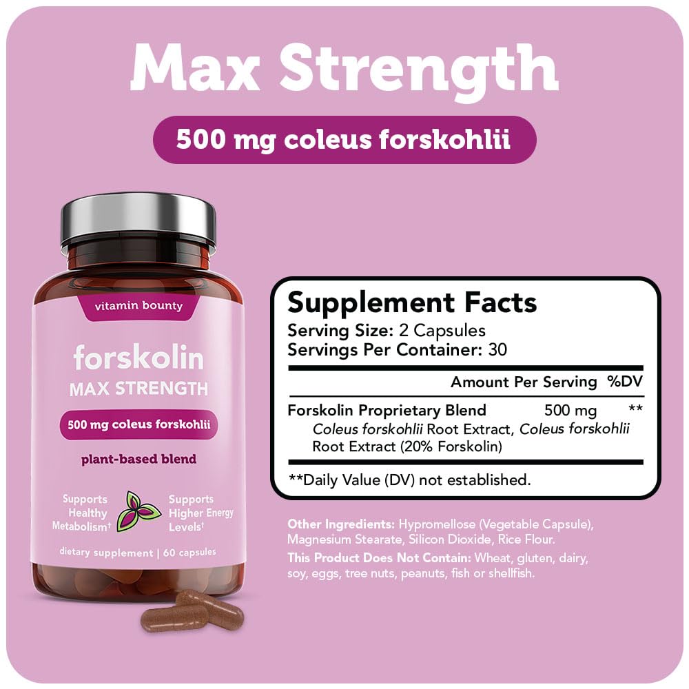 Vitamin Bounty Forskolin maximum strength bottle back with supplement facts panel.