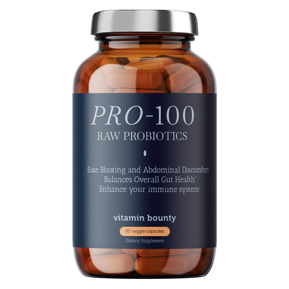 Vitamin Bounty Pro-100 bottle front showcasing compact packaging for daily gut balance
