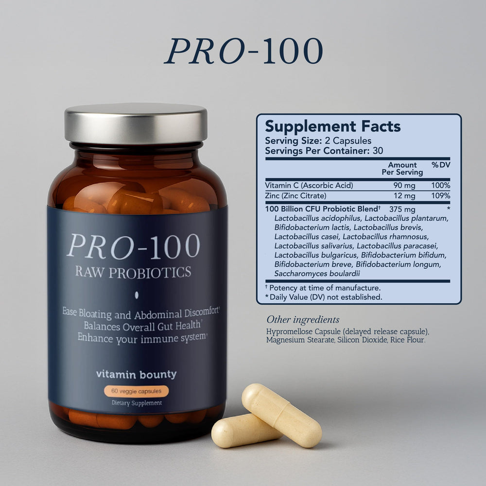 Vitamin Bounty Pro-100 label close-up highlighting ingredients and potency