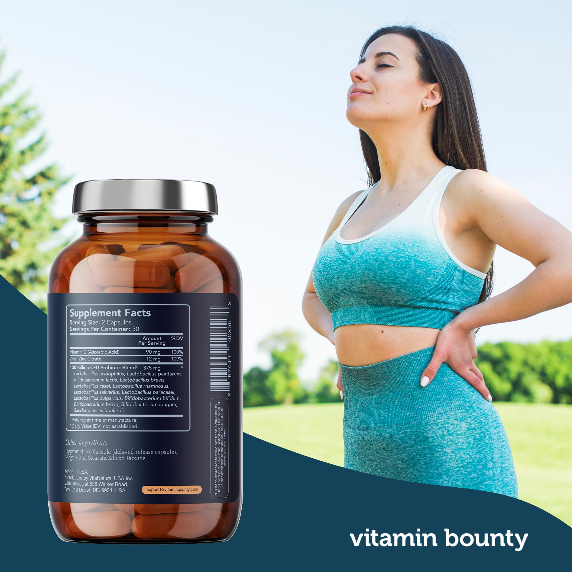 Person holding Vitamin Bounty Pro-100 bottle for daily use by adults