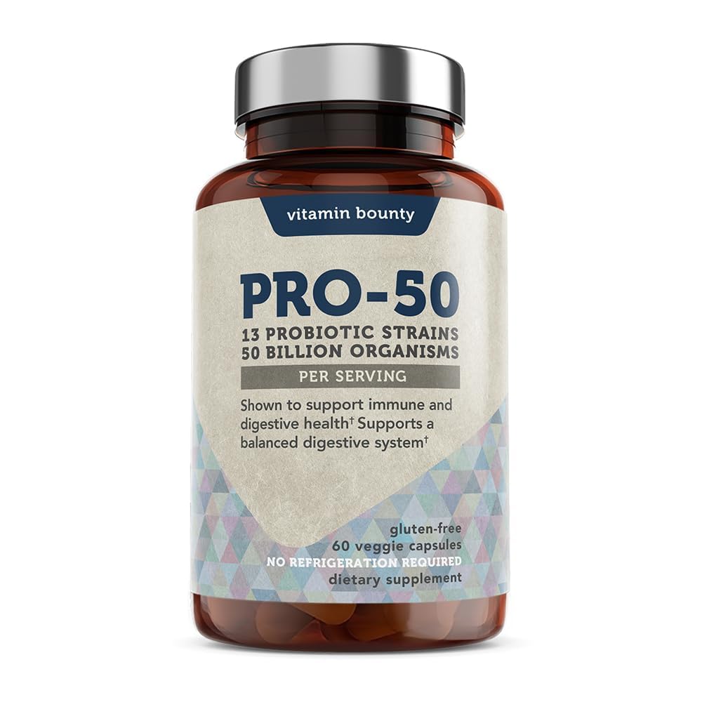 Vitamin Bounty Pro-50 bottle front with capsules for daily digestion support