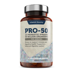 Vitamin Bounty Pro-50 bottle front with capsules for daily digestion support