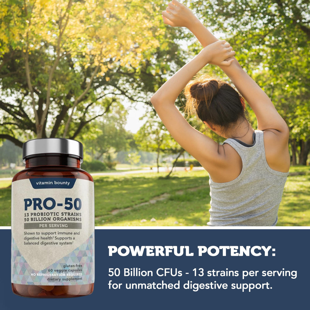 Two Vitamin Bounty Pro-50 capsules served with water for daily dosing