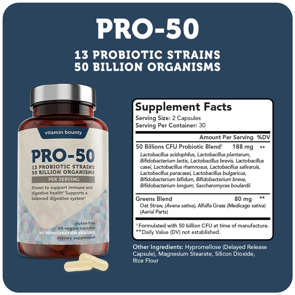 Illustration of 13 probiotic strains in Vitamin Bounty Pro-50 for balanced gut flora