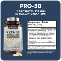 Illustration of 13 probiotic strains in Vitamin Bounty Pro-50 for balanced gut flora