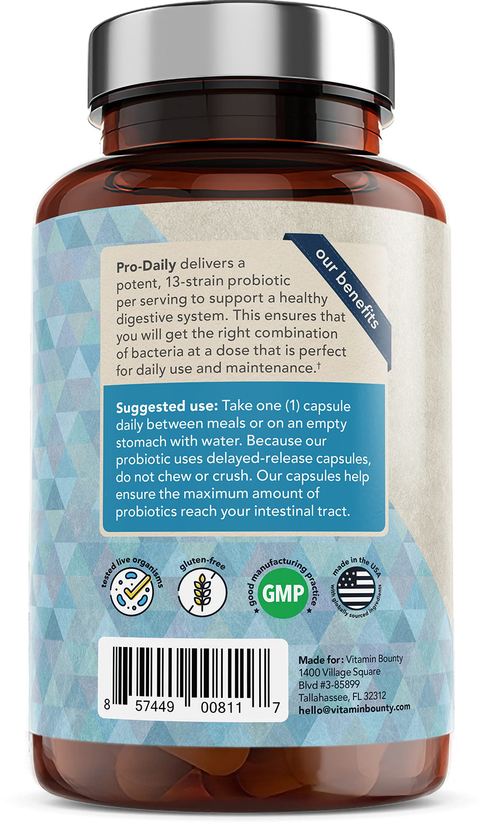 Vitamin Bounty Pro-Daily bottle with label beside capsules
