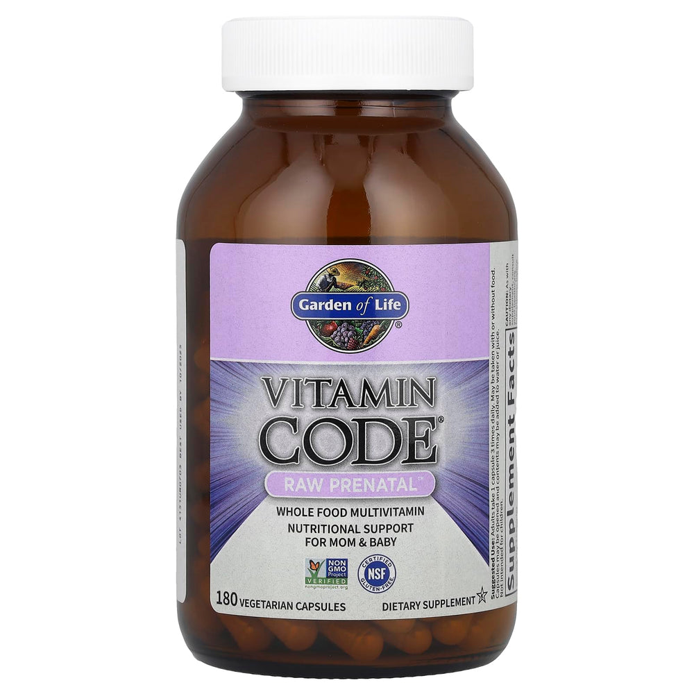 Vitamin Code RAW Prenatal digestive blend close-up with probiotics imagery.