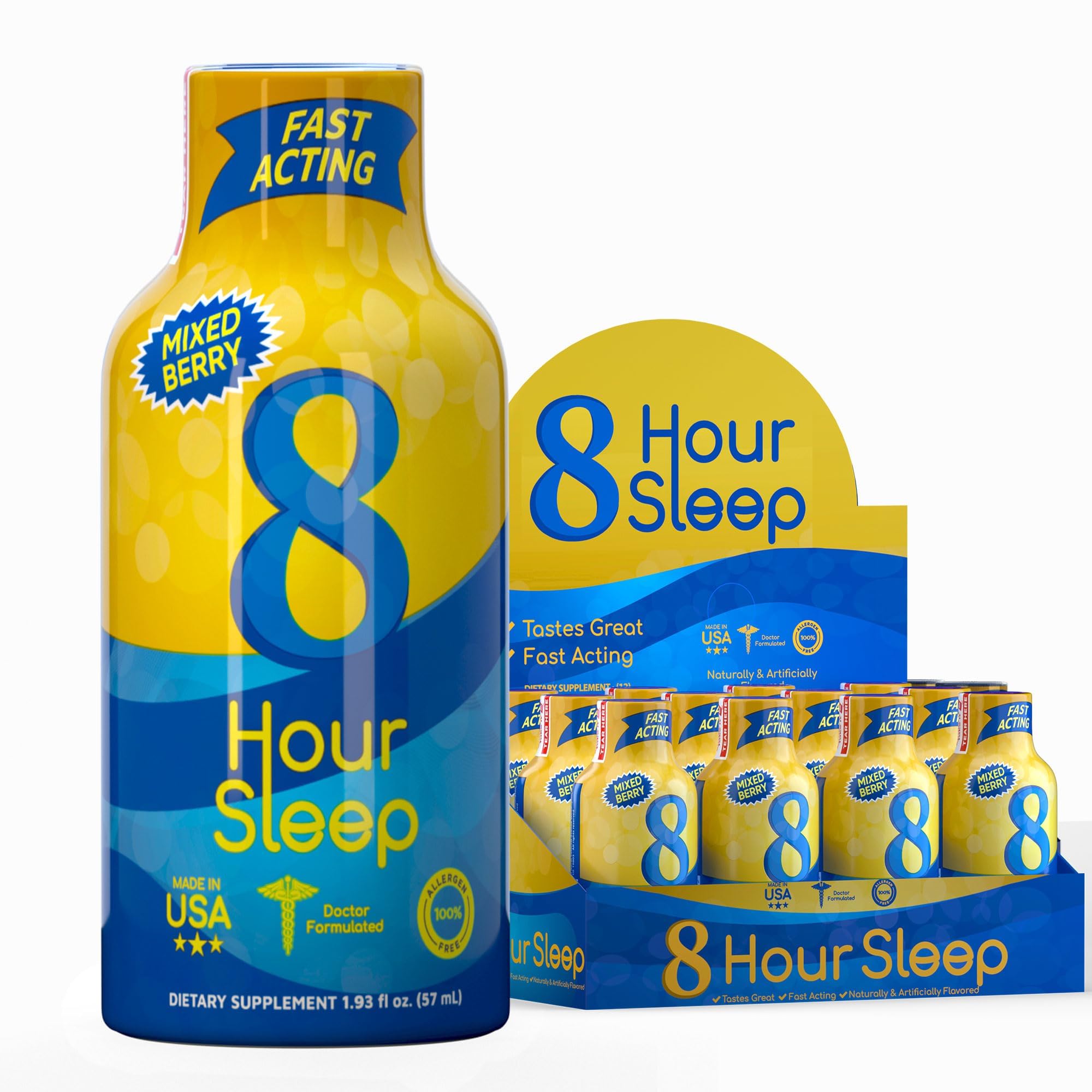 Vitamin Energy 8 Hour Sleep Shot bottle with mixed berry flavor promotes nighttime relaxation.