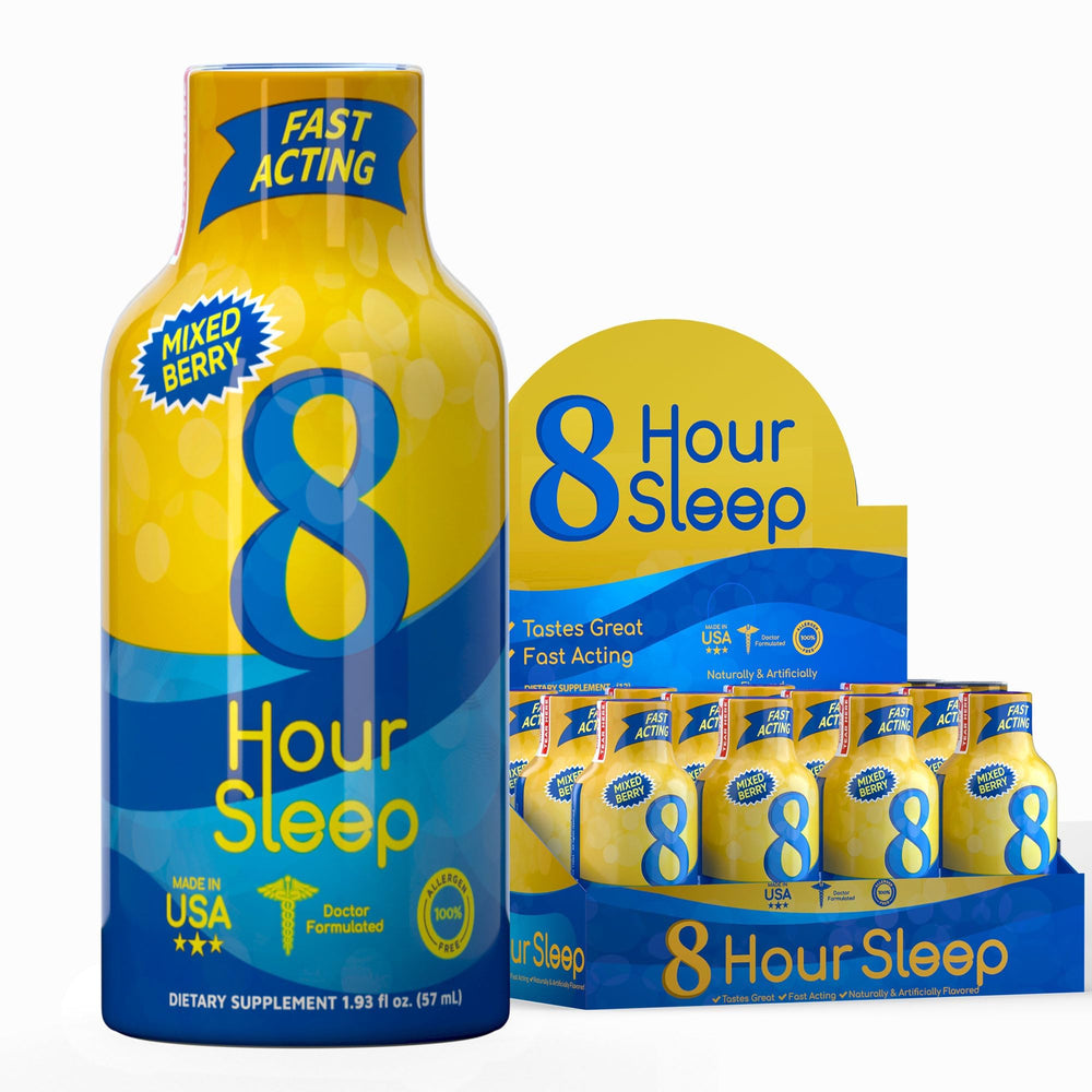 Vitamin Energy 8 Hour Sleep Shot bottle with mixed berry flavor promotes nighttime relaxation.