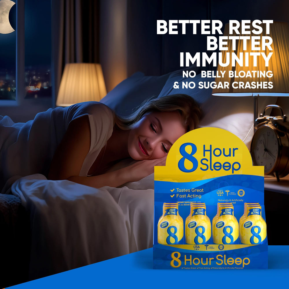 Vitamin Energy 8 Hour Sleep Shot glass beside bed conveys easy nightly dosing for rest.