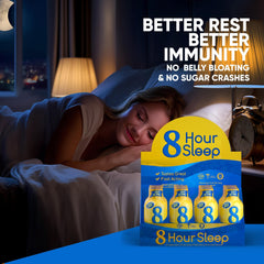 Vitamin Energy 8 Hour Sleep Shot glass beside bed conveys easy nightly dosing for rest.