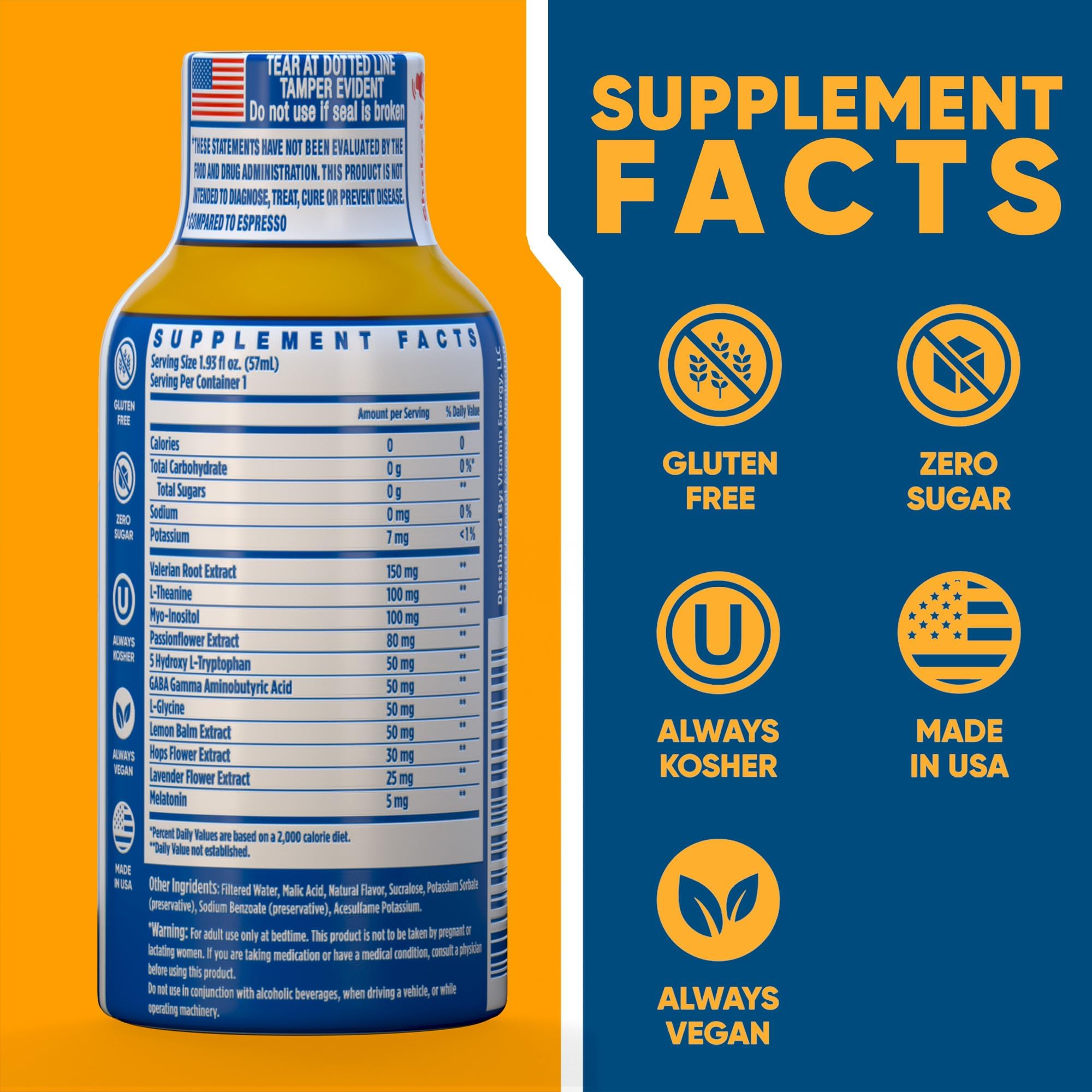 Vitamin Energy 8 Hour Sleep Shot liquid close-up highlights melatonin and herbal blend for calm pre-sleep.