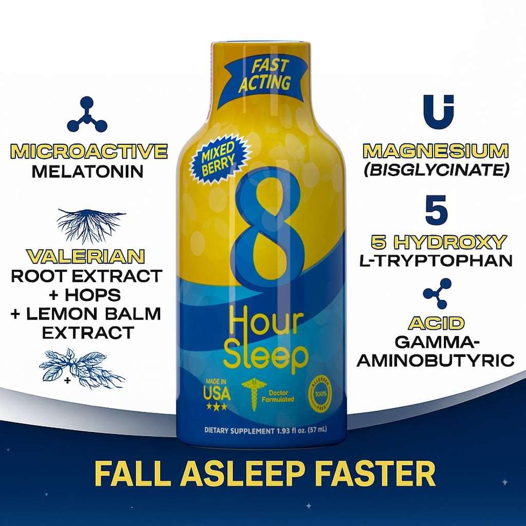 Vitamin Energy 8 Hour Sleep Shot bottle label shows vegan and gluten-free benefits.
