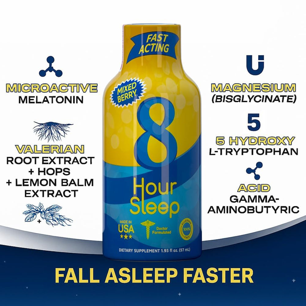 Vitamin Energy 8 Hour Sleep Shot bottle label shows vegan and gluten-free benefits.