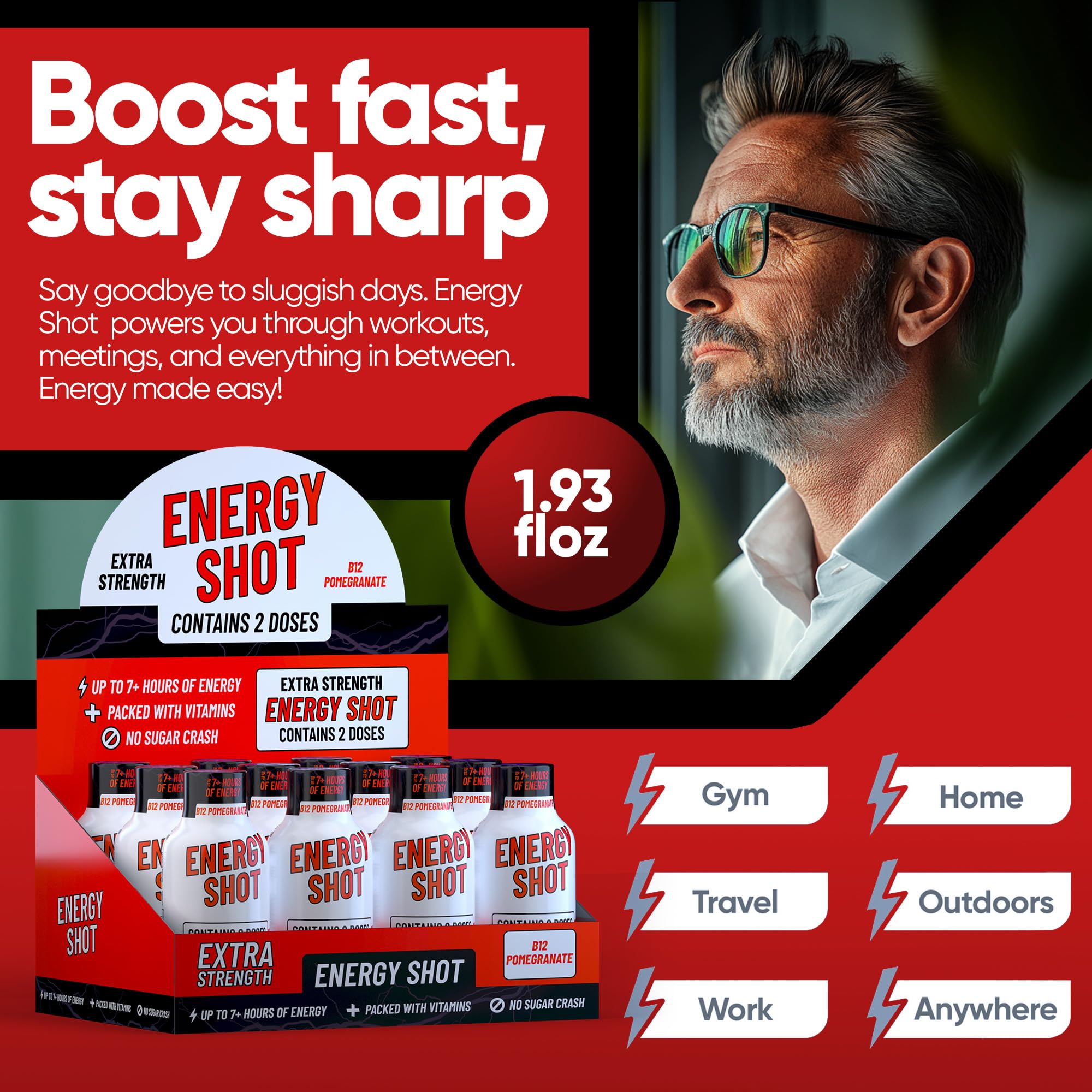 Vitamin Energy shot packaging close-up highlighting sugar-free formula advantage