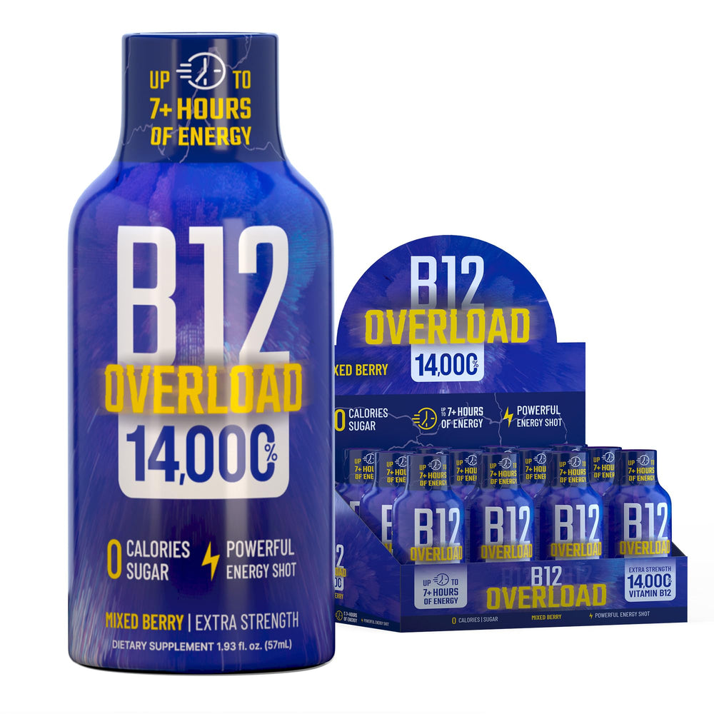 Vitamin Energy B12 Overload Shot mixed-berry bottle front for quick energy
