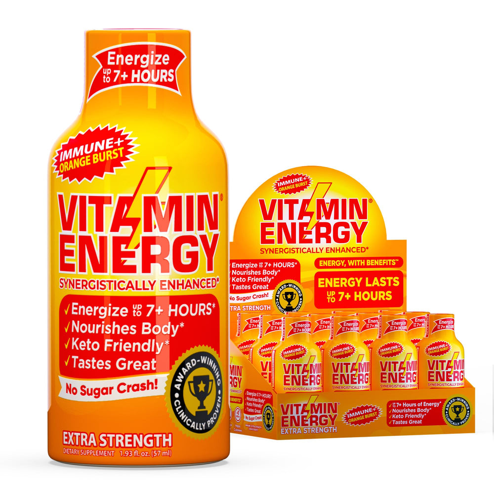 Vitamin Energy Immune+ Orange Burst 12-pack on shelf supports daily energy and focus