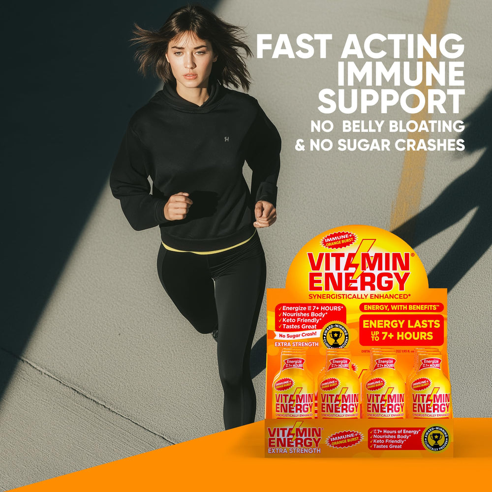 Chilled Vitamin Energy Immune+ shot poured over ice for refreshing use