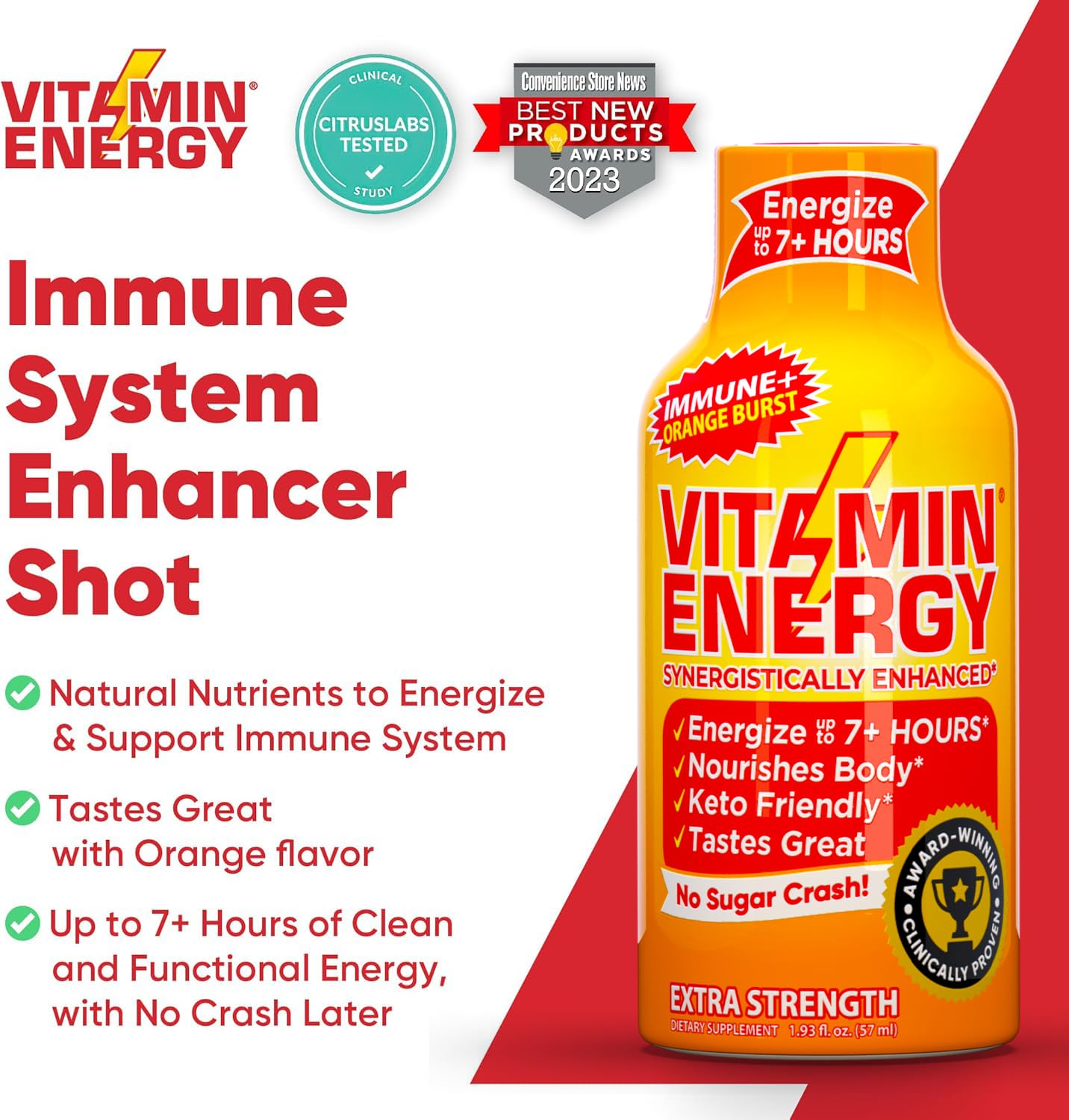 Gluten-free Vitamin Energy Immune+ shot on kitchen counter
