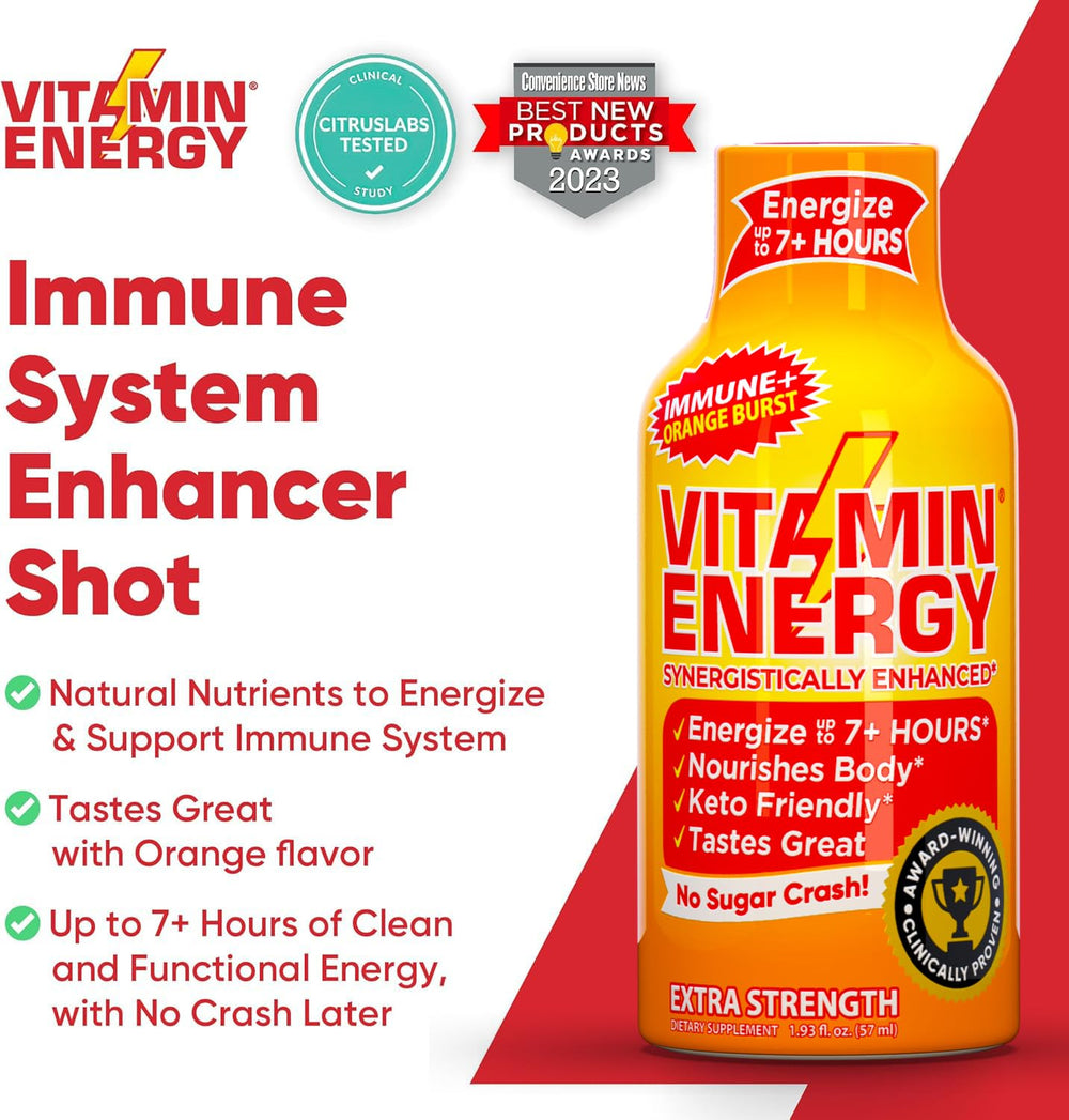 Gluten-free Vitamin Energy Immune+ shot on kitchen counter