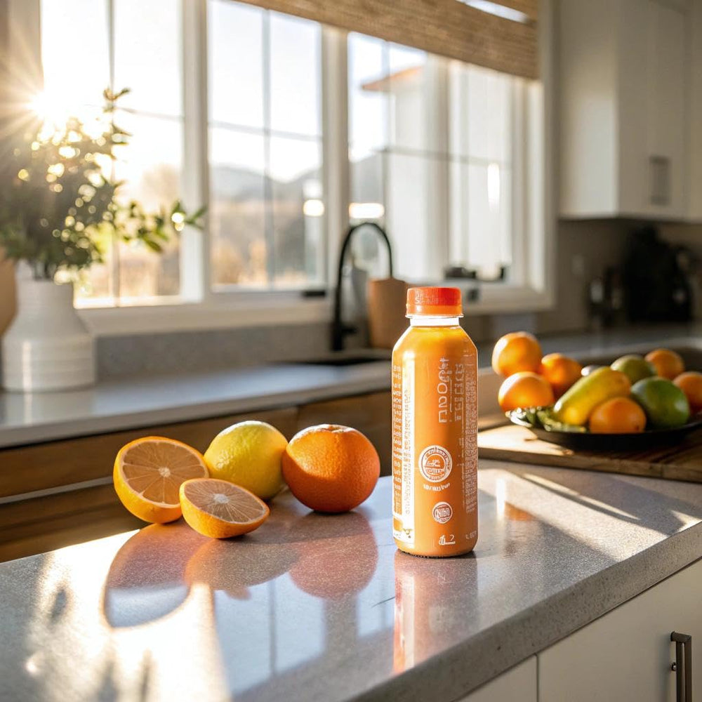 Close-up of Vitamin Energy Immune+ label highlights caffeine and vitamins