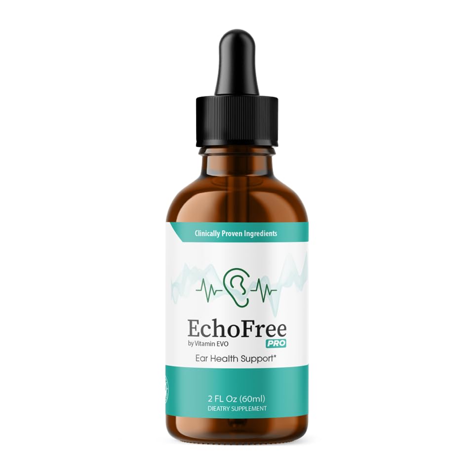Vitamin Evo Echo Free Tinnitus Drops bottle shown for ear wellness support.