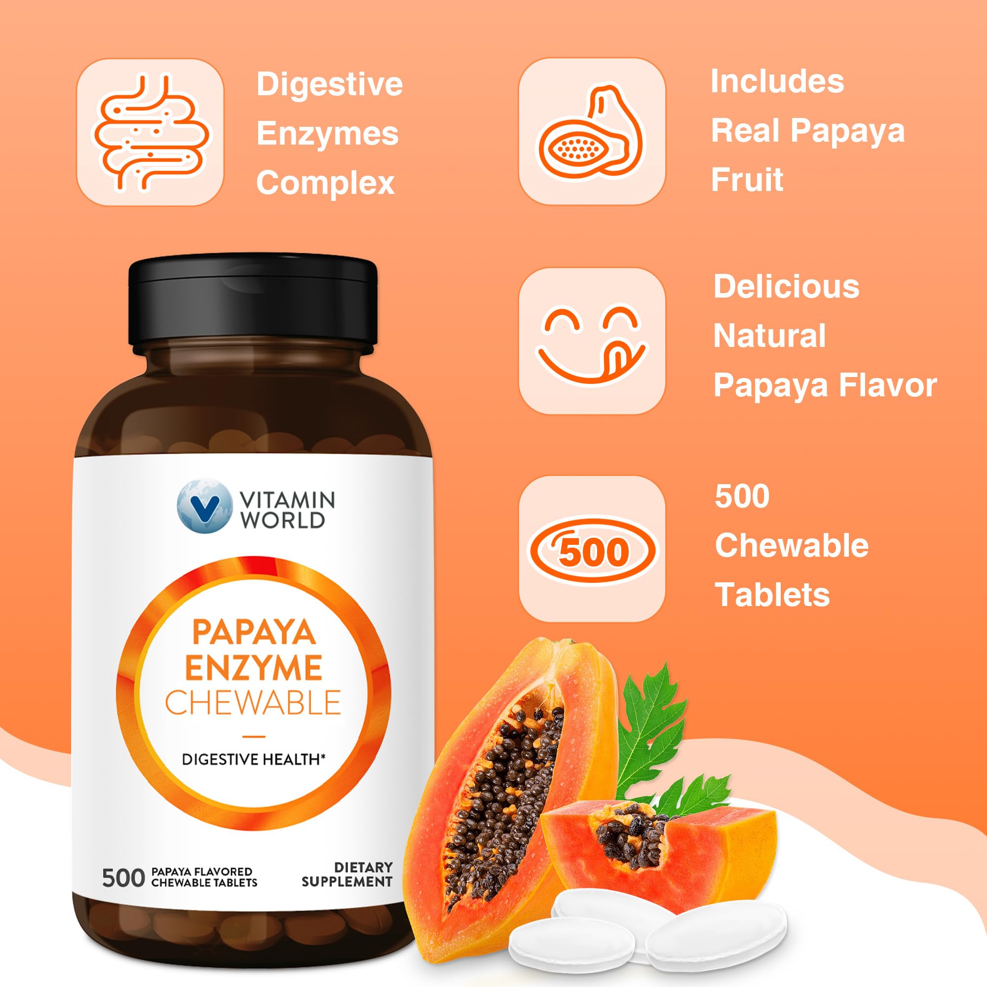 Vitamin World Papaya Enzymes real papaya fruit imagery suggests natural flavor and quality.