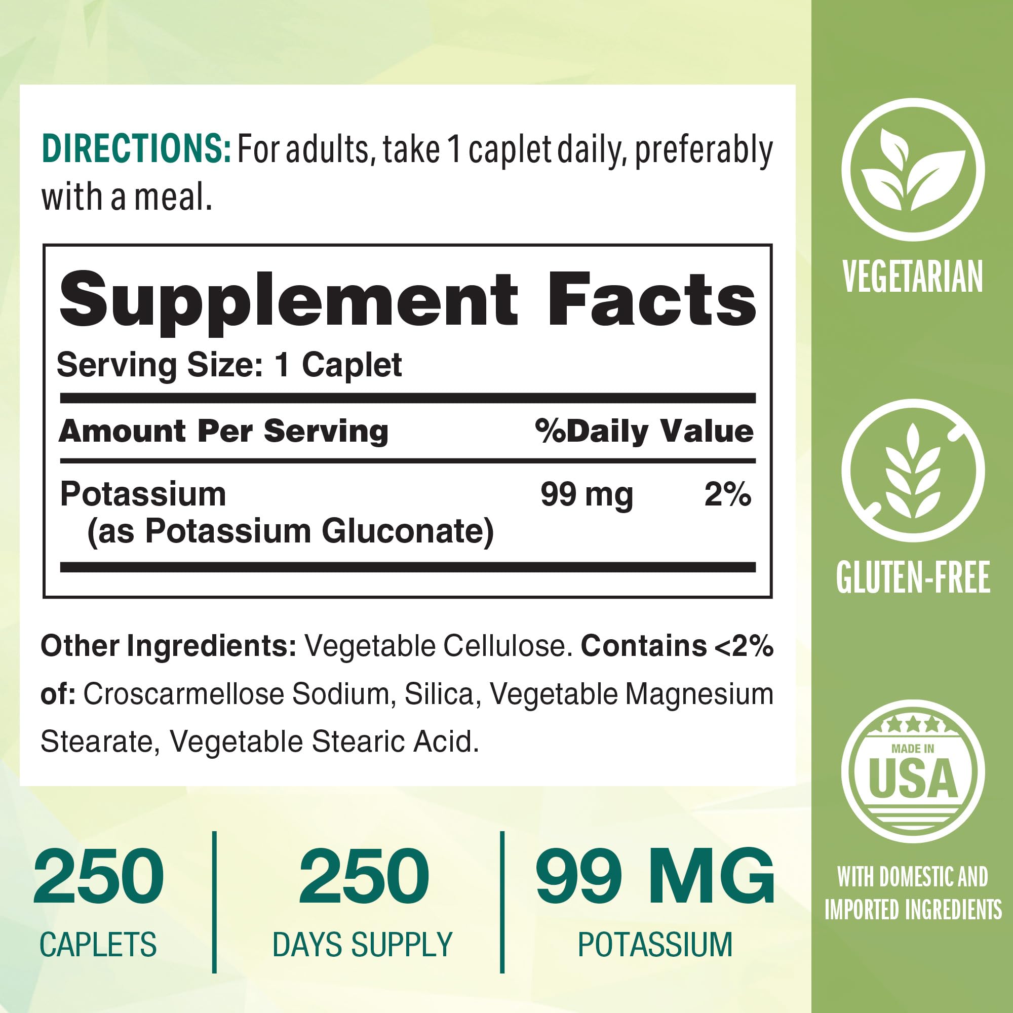 Close-up of Vitamin World potassium caplet showing smooth texture